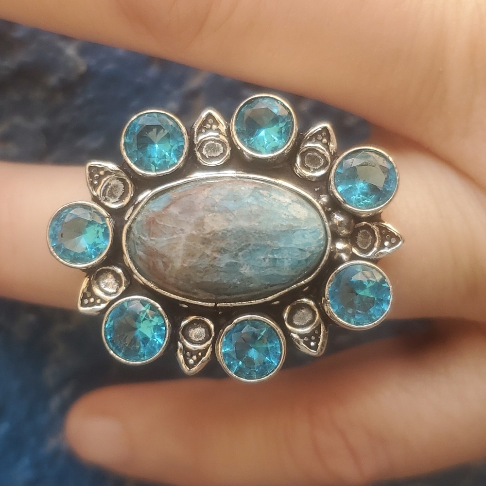 New Blue Apatite & Blue Topaz 925 Silver Statement Ring. - Picture 3 of 14